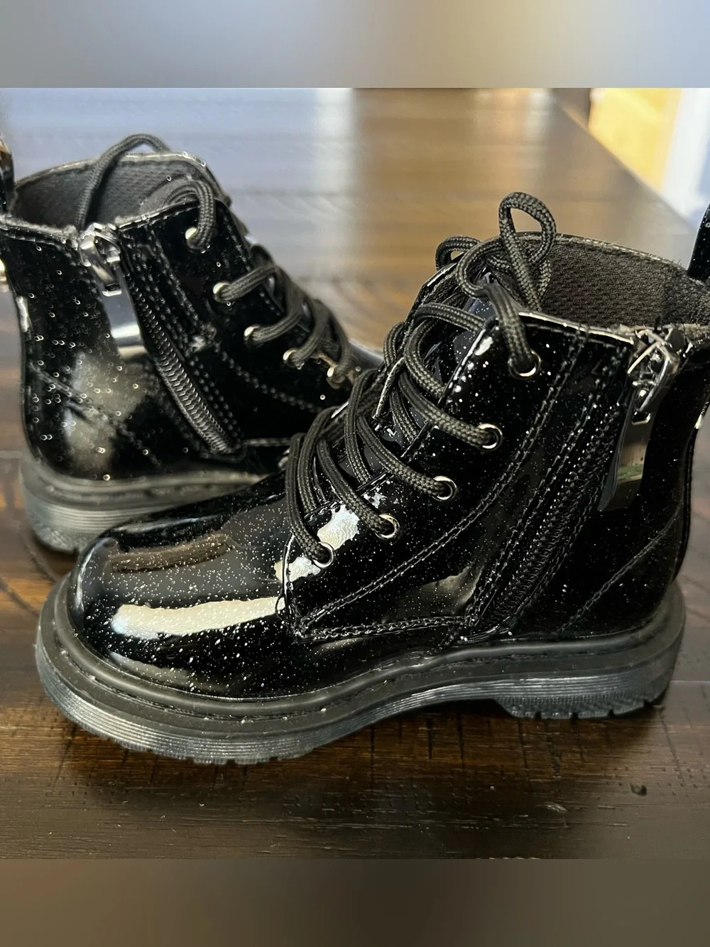 Ground Up Black Glitter Patent Lace-Up Boots for Toddler Girls